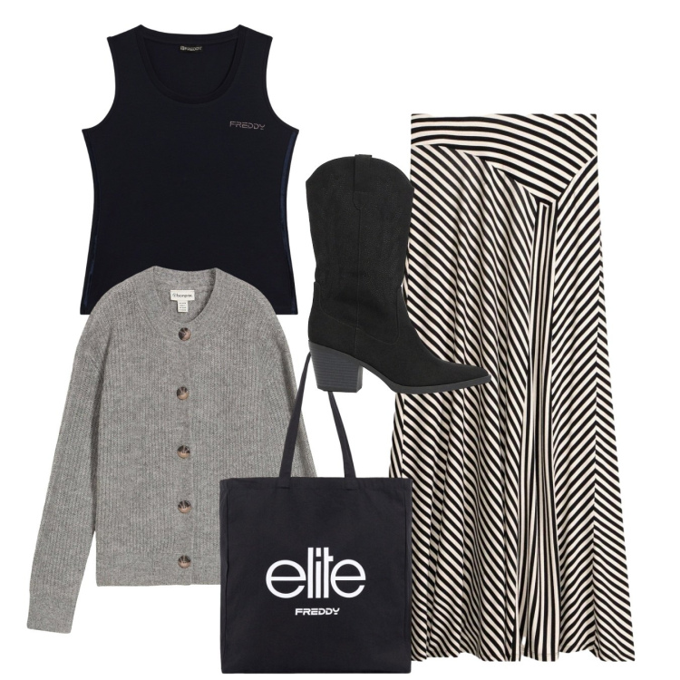 Outfit donna - Total look. Stile Bon Ton per Tutti i giorni. Abbinamento con shopping bag, canottiere, cardigans, gonne, stivaletti texani.