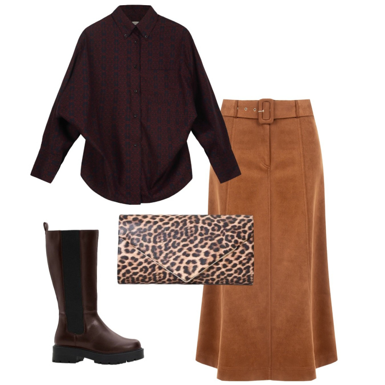 Outfit donna - Total brown. Stile Bon Ton per Tutti i giorni. Abbinamento con stivali, gonne longuette, pochette, camicie.