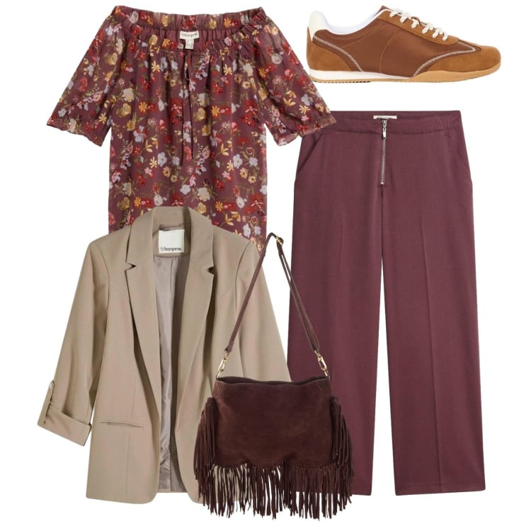 Outfit donna - Total look. Stile Bon Ton per Tutti i giorni. Abbinamento con pantaloni, bluse, blazer, borse a tracolla, sneakers.