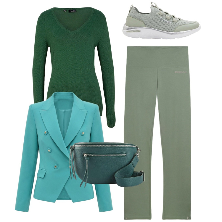 Outfit donna - Total green. Stile Basic per Tutti i giorni. Abbinamento con maglieria, marsupi, sneakers, blazer, pantaloni.