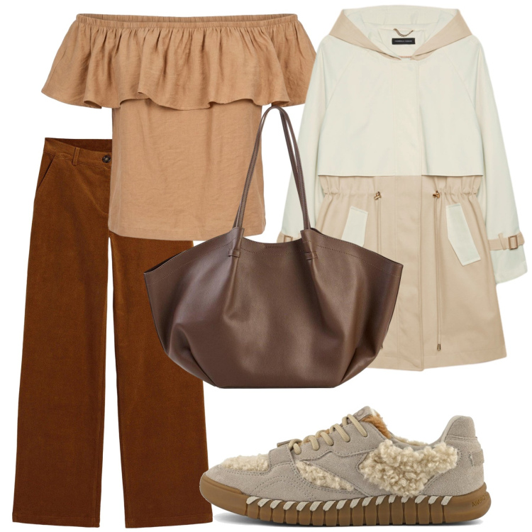 Outfit donna - Total look #2482462. Stile Etnico per Tutti i giorni. Abbinamento con pantaloni, shopping bag, trench, top, sneakers.