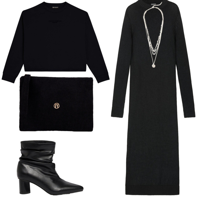 Outfit donna - Total look #2482463. Stile Urban per Serata fuori. look ideale per Petite. Abbinamento con vestiti lunghi, pochette, felpe, collane, stivaletti.