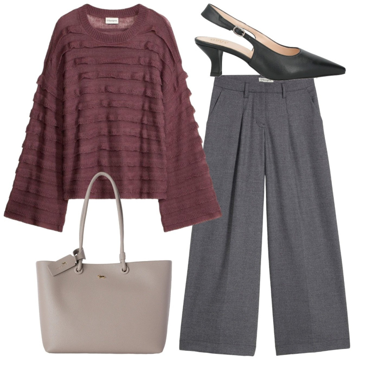 Outfit donna - Total look. Stile Bon Ton per Ufficio. Abbinamento con décolleté, maglieria, pantaloni, shopping bag.