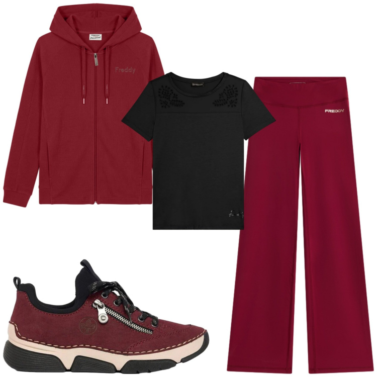 Outfit donna - Total look #2482482. Stile Sporty chic per Tutti i giorni. Abbinamento con sneakers, pantaloni, felpe con cappuccio, t-shirt.