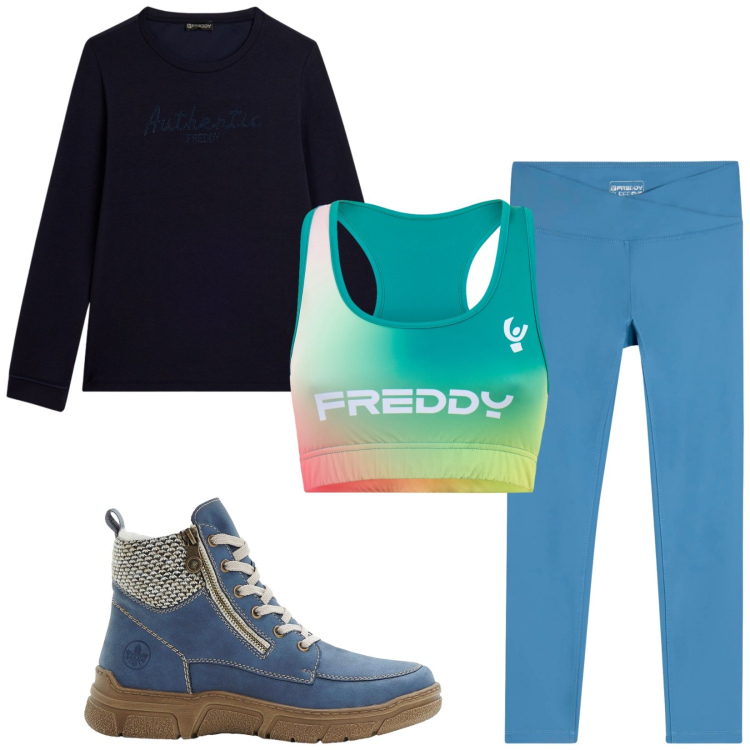 Outfit donna - Total look #2482491. Stile Sporty chic per Sport. Abbinamento con stivaletti, leggings, top, felpe.