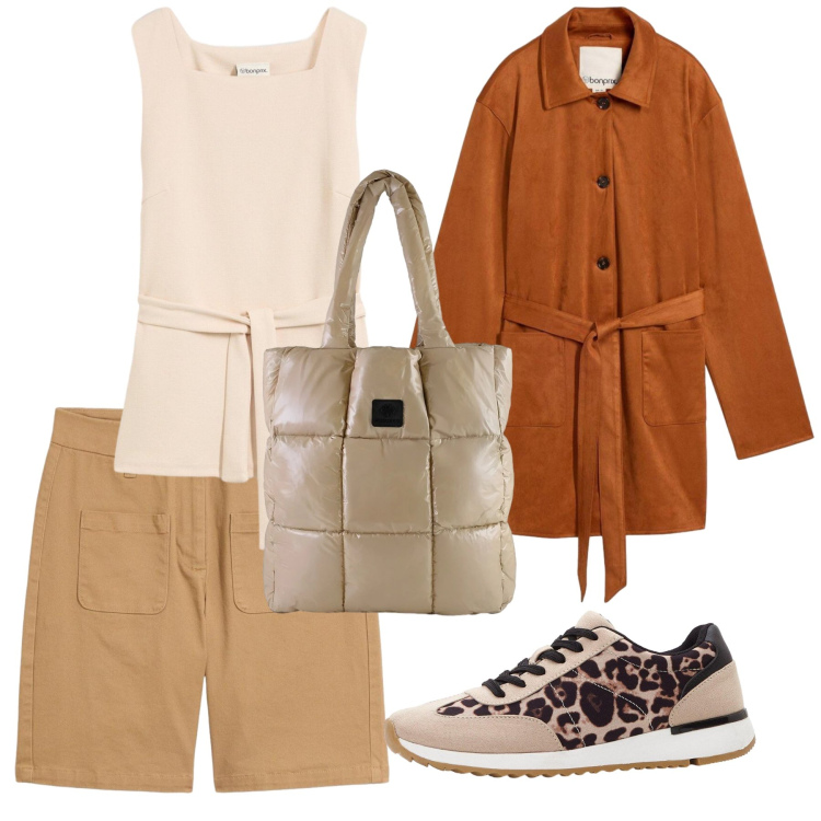 Outfit donna - Total look #2482494. Stile Casual per Tutti i giorni. Abbinamento con shopping bag, sneakers, canottiere, trench, bermuda.