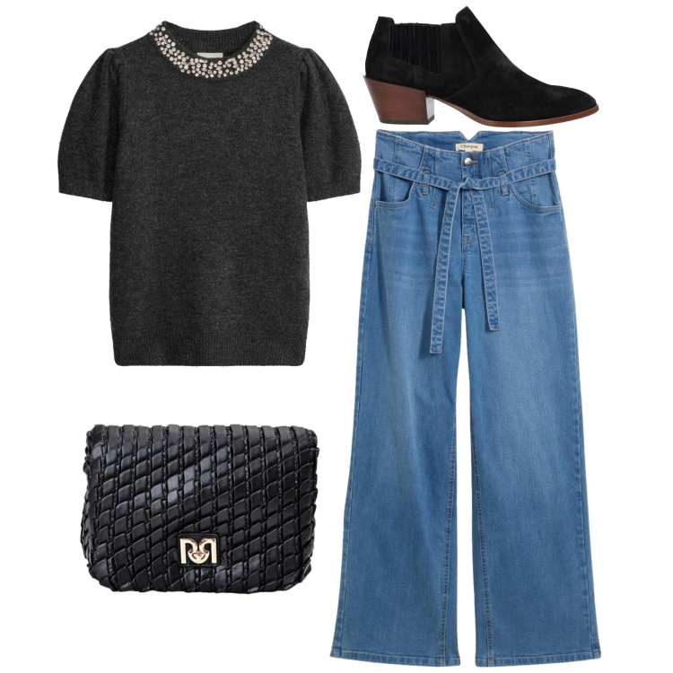 Outfit donna - Total casual chic. Stile Casual chic per Serata fuori. Abbinamento con borse a tracolla, stivaletti, maglieria, jeans.