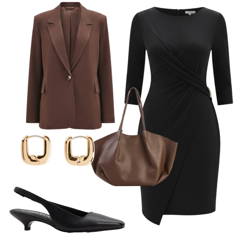 Outfit donna - Total look #2482500. Stile Chic per Ufficio. Abbinamento con décolleté, shopping bag, orecchini, blazer, vestiti asimmetrici.