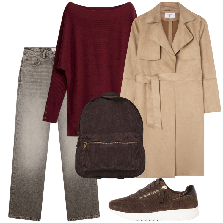 Outfit donna - Total look #2482502. Stile Casual per Tutti i giorni. Abbinamento con jeans dritti, trench, zaini, maglieria, sneakers.