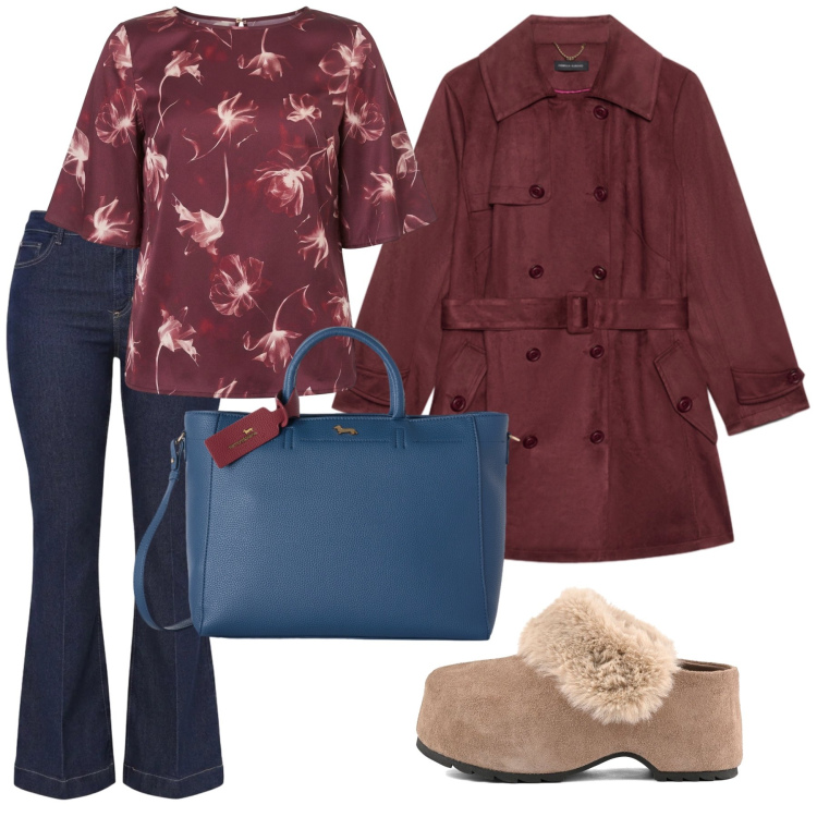 Outfit donna - Total look #2482513. Stile Casual per Tutti i giorni. Abbinamento con borse a mano, trench, jeans a zampa, t-shirt, zoccoli.