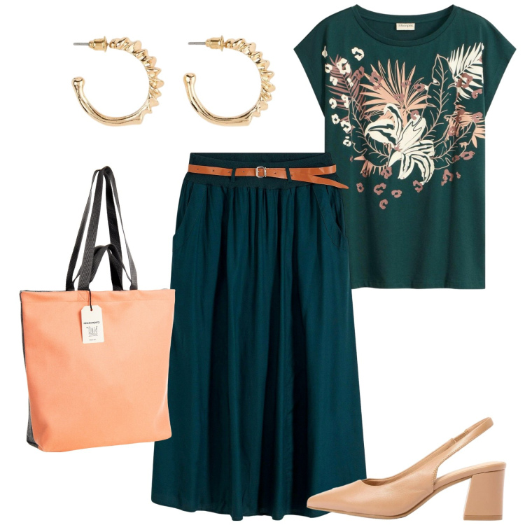 Outfit donna - Total look #2482559. Stile Chic per Ufficio. Abbinamento con gonne lunghe, décolleté, t-shirt, orecchini, borse tote.