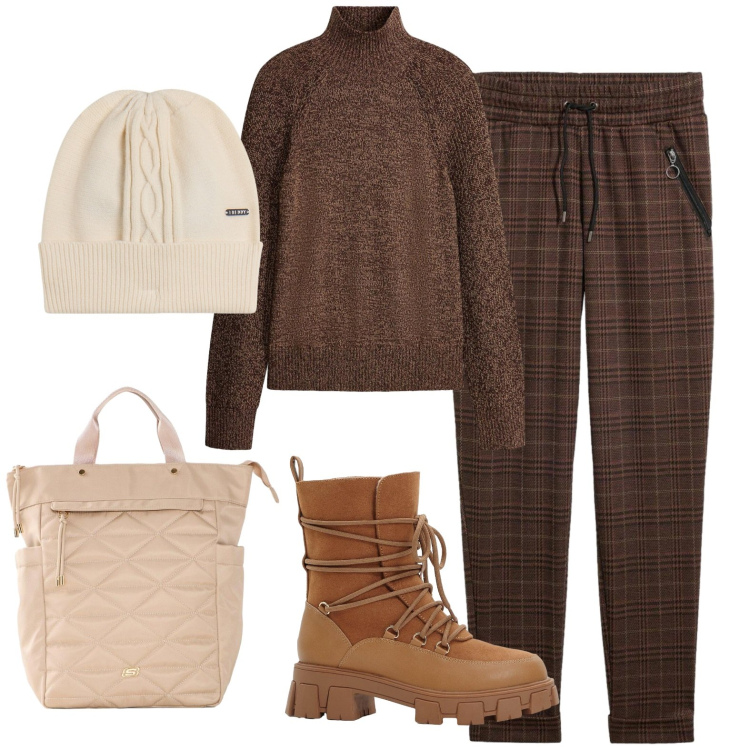 Outfit donna - Gita in montagna. Stile Casual chic per Tutti i giorni. Abbinamento con berretti, pantaloni, pullovers, stivaletti, zaini.