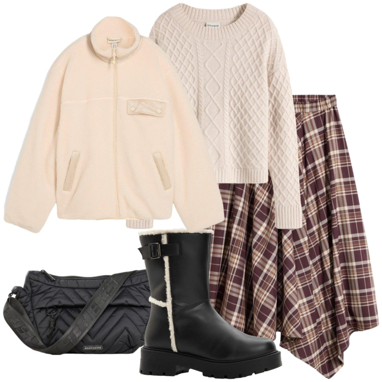 Outfit donna - Primi freddi. Stile Casual per Scuola/Università. Abbinamento con gonne, maglieria, stivali, caban, marsupi.