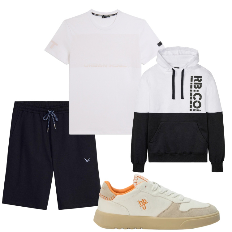 Outfit uomo - Total look #2482647. Stile Casual per Sport. Abbinamento con sneakers, t-shirt, felpe con cappuccio, bermuda.