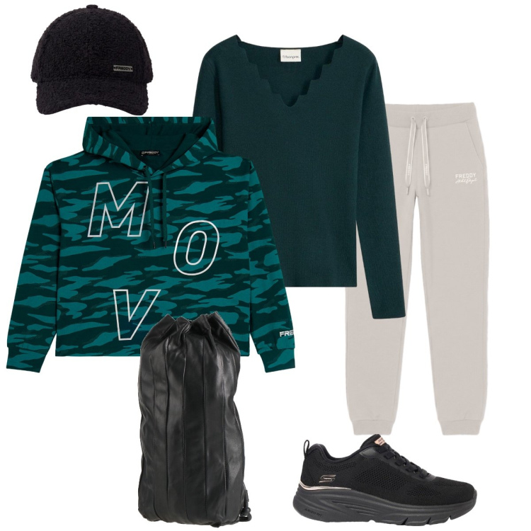 Outfit donna - Giornata rilassante. Stile Casual per Sport. Abbinamento con zaini, t-shirt, sneakers, felpe con cappuccio, cappelli con visiera, pantaloni.