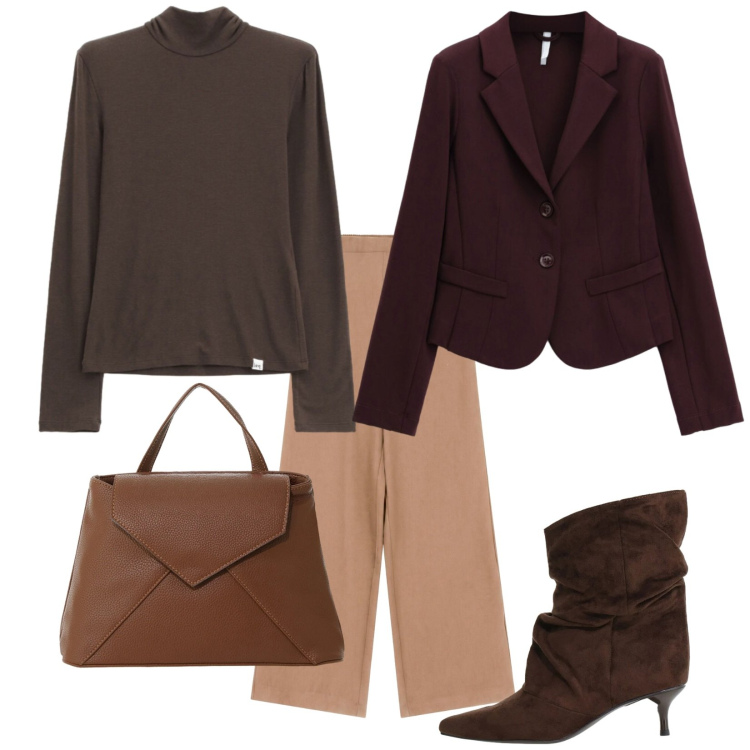 Outfit donna - Colori d\'autunno. Stile Casual chic per Tutti i giorni. Abbinamento con t-shirt, blazer, stivali, borse a mano, pantaloni a palazzo.