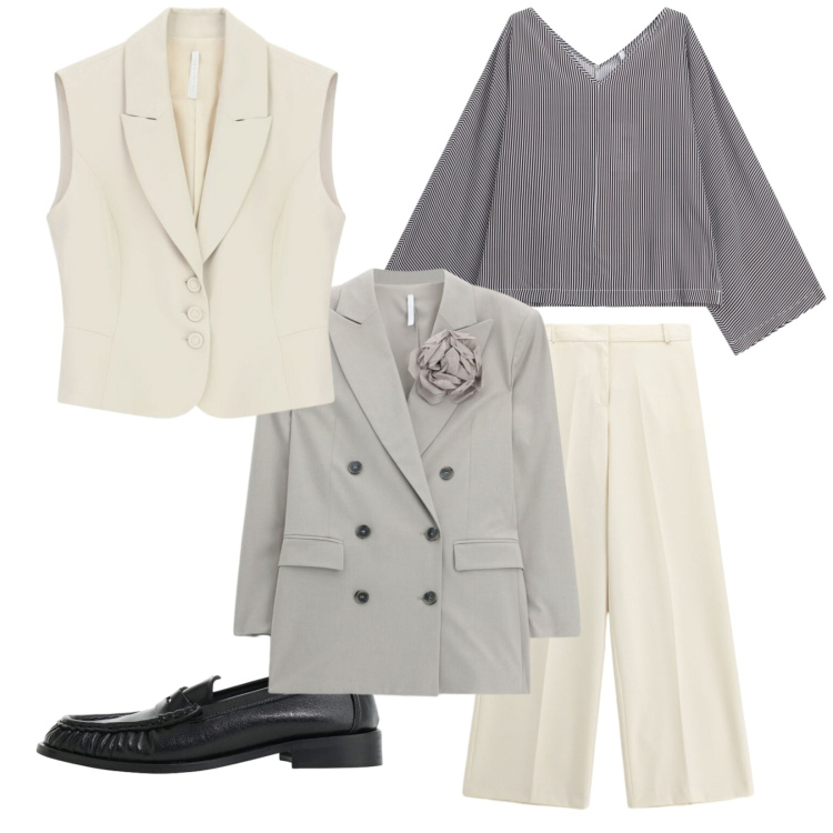 Outfit donna - Total look #2482669. Stile Chic per Ufficio. Abbinamento con t-shirt, pantaloni a palazzo, blazer, mocassini, gilet.
