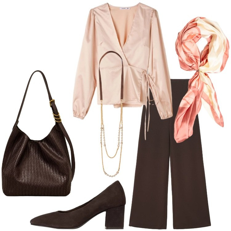 Outfit donna - Pantalone palazzo e blusa in seta. Stile Romantica per Ufficio. Abbinamento con décolleté, bluse, pantaloni a palazzo, collane, foulard, borse a spalla.