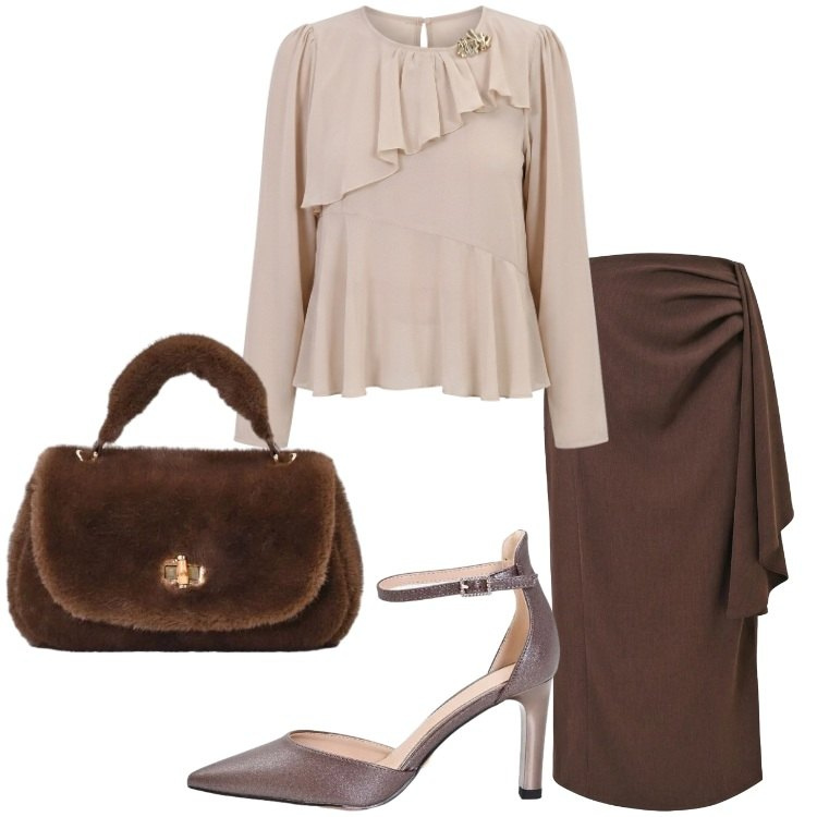 Outfit donna - Invito d'autunno. Stile Romantica per Cerimonia. Abbinamento con gonne longuette, bluse, borse a mano, décolleté.