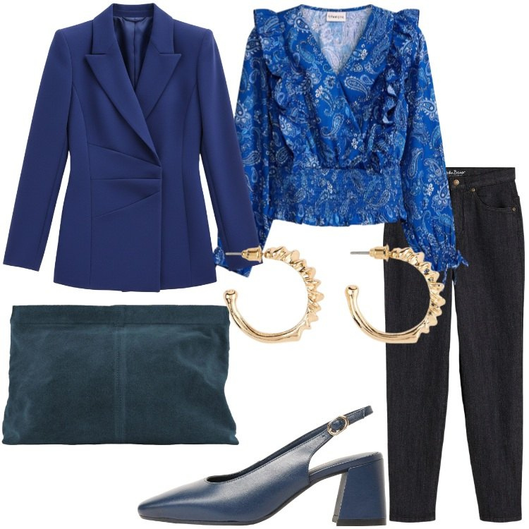 Outfit donna - Serata fuori con i jeans. Stile Casual chic per Serata fuori. Abbinamento con jeans mom, bluse, décolleté, orecchini, blazer, pochette.