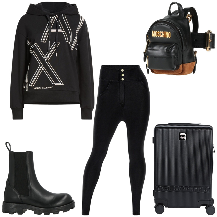 Outfit donna - Total look #2482695. Stile Urban per Tutti i giorni. Abbinamento con stivaletti chelsea, marsupi, valigie, felpe con cappuccio, jeggings.