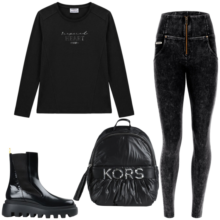 Outfit donna - Total look #2482696. Stile Urban per Tutti i giorni. Abbinamento con stivaletti, zaini, jeans skinny, t-shirt.