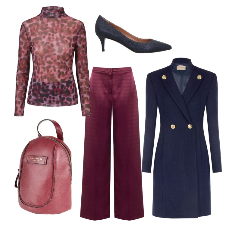 Outfit donna - Il mio look del giovedì. Stile Trendy per Ufficio. Abbinamento con pantaloni a palazzo, cappotti, t-shirt, zaini, décolleté.