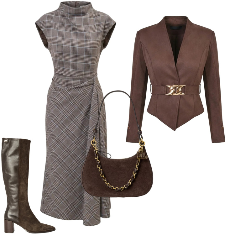 Outfit donna - Ottobre in Tartan - Autunno. Stile Chic per Ufficio. Abbinamento con stivali, borse a spalla, vestiti asimmetrici, blazer.