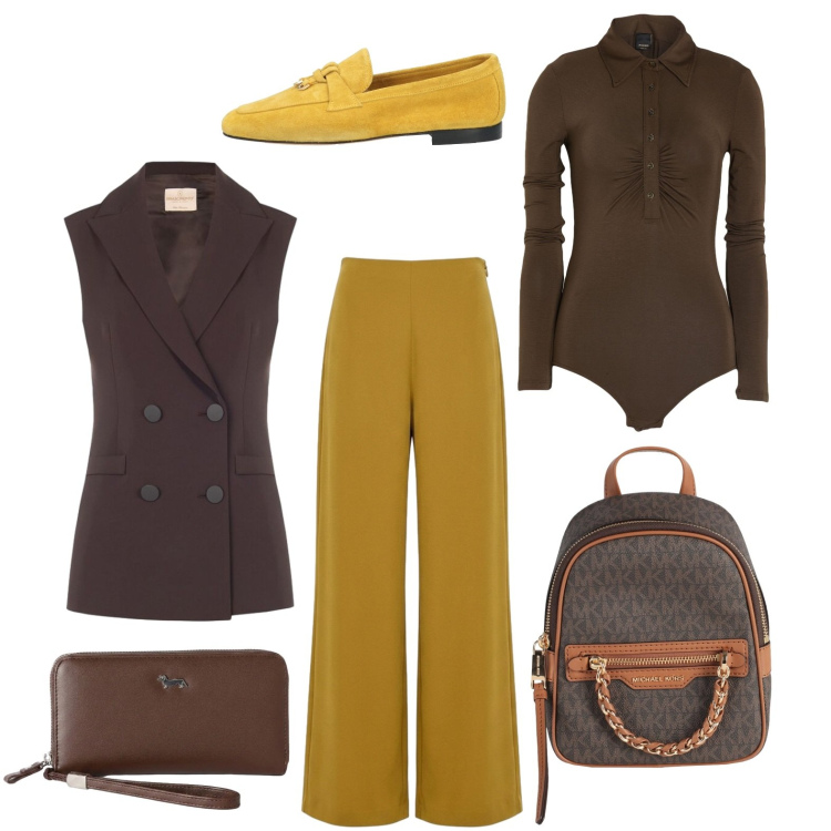 Outfit donna - Colori avvolgenti per scaldare l'autunno. Stile Glamour per Ufficio. Abbinamento con portafogli, pantaloni a palazzo, gilet, body, zaini, mocassini.