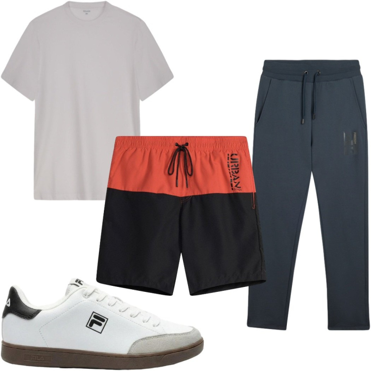 Outfit uomo - Total look #2482714. Stile Trendy per Mare. Abbinamento con t-shirt, pantaloni, costumi, sneakers.