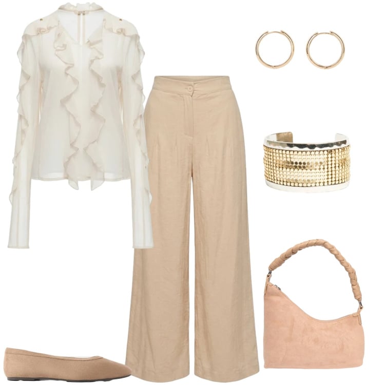 Outfit donna - Total look #2482725. Stile Romantica per Ufficio. Abbinamento con orecchini, ballerine, bluse, pantaloni a palazzo, portafogli, braccialetti.