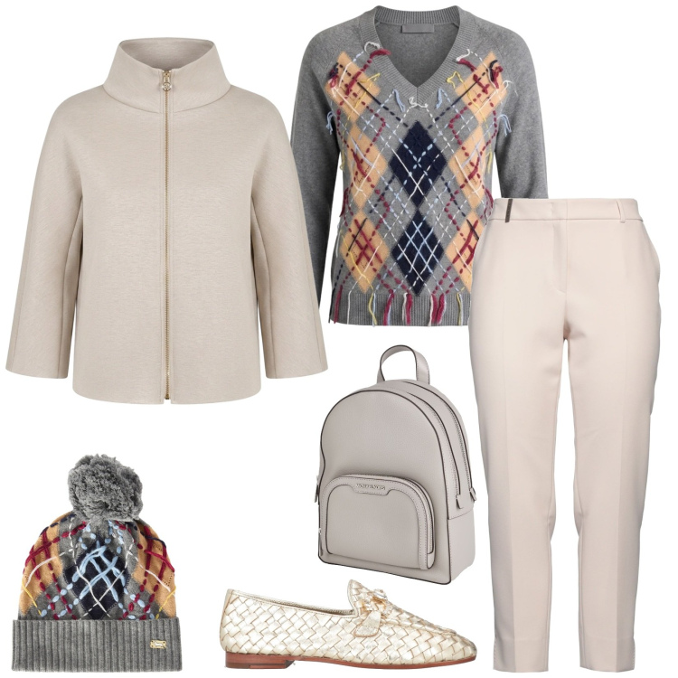 Outfit donna - Total look #2482732. Stile Casual chic per Ufficio. Abbinamento con pantaloni, zaini, mocassini, blazer, maglieria, berretti.