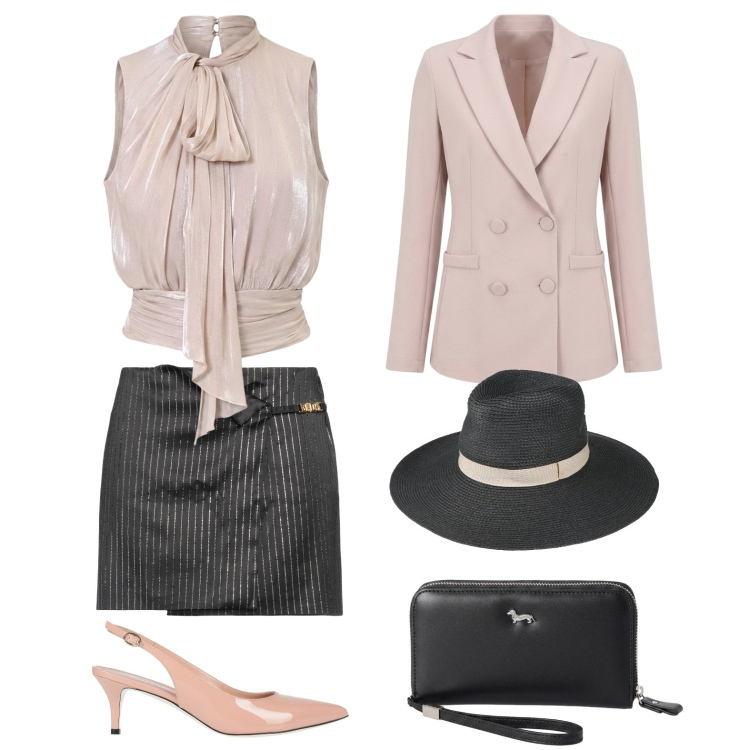 Outfit donna - Outfit per una cresima. Stile Glamour per Cerimonia. Abbinamento con décolleté, minigonne, cappelli, portafogli, blazer, top.
