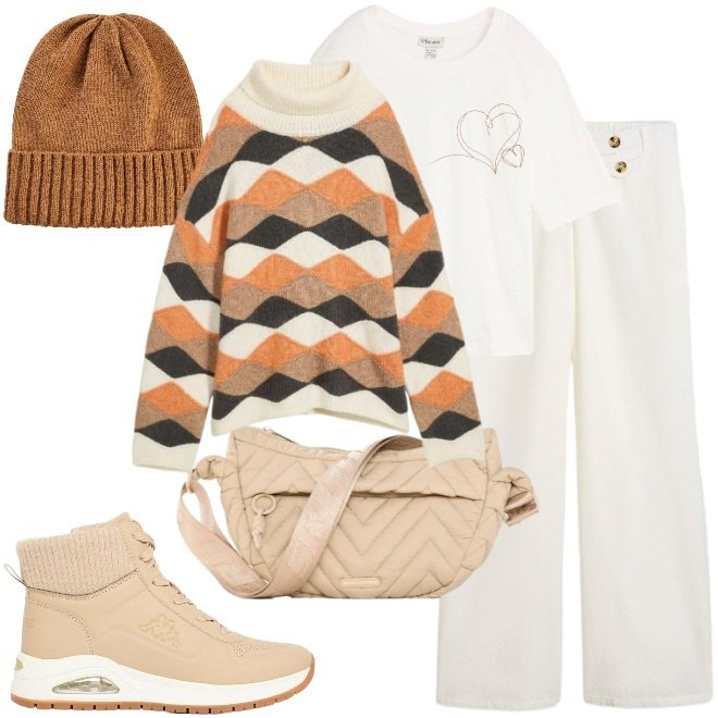 Outfit donna - Maglione tre colori. Stile Casual per Scuola/Università. Abbinamento con maglieria, pantaloni, berretti, marsupi, stivaletti, t-shirt.