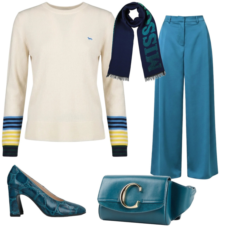 Outfit donna - Total look #2482748. Stile Glamour per Tutti i giorni. Abbinamento con décolleté, sciarpe, marsupi, pantaloni a palazzo, maglieria.