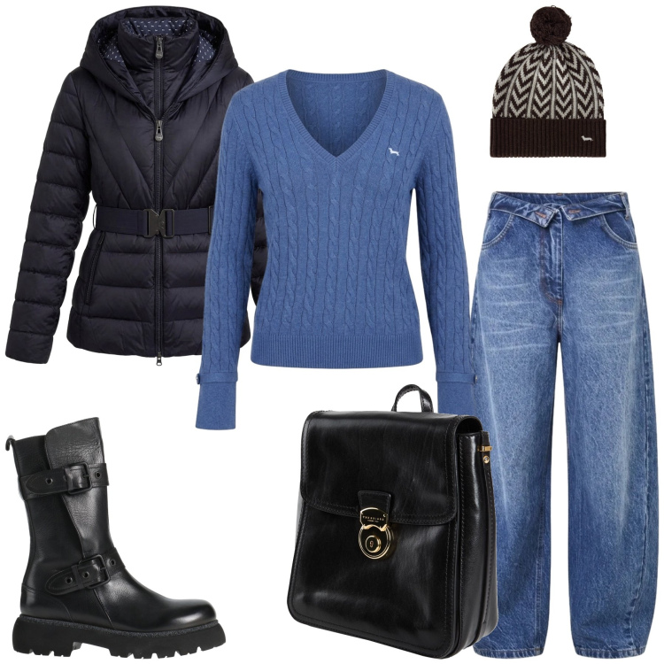 Outfit donna - Total look #2482749. Stile Glamour per Tutti i giorni. Abbinamento con stivaletti, zaini, jeans mom, maglieria, piumini, berretti.