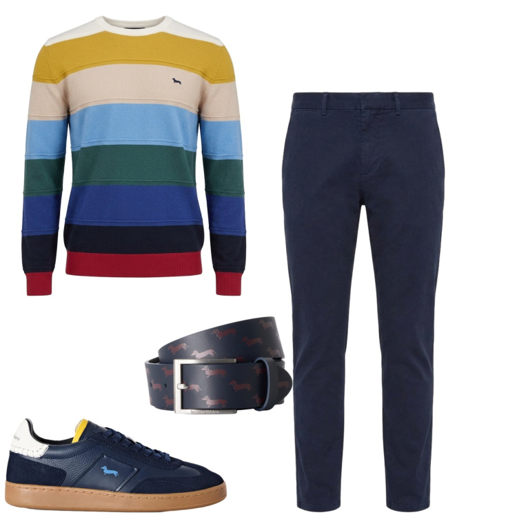 Outfit uomo - City. Stile Casual per Tutti i giorni. Abbinamento con maglieria, pantaloni, sneakers, cinture.