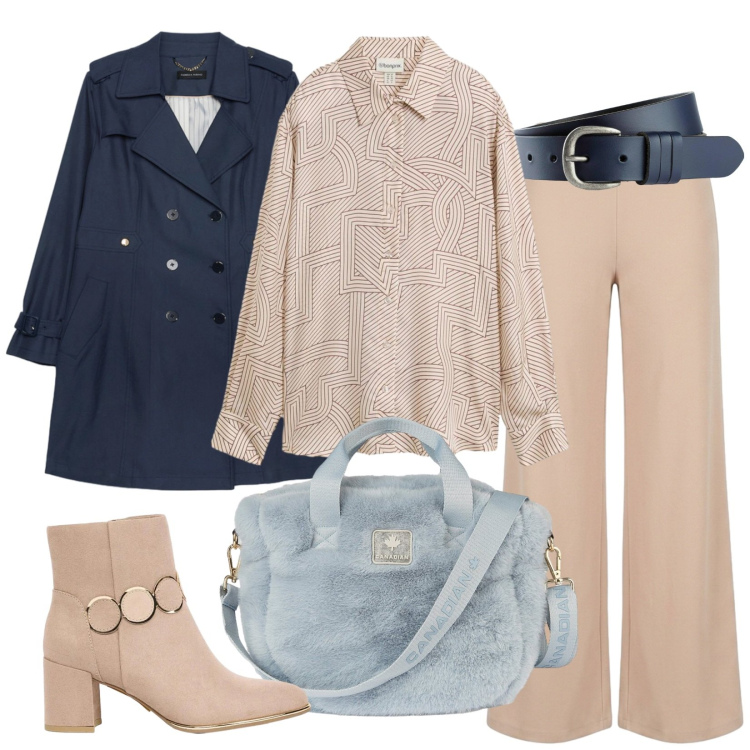 Outfit donna - Blusa in seta. Stile Casual chic per Ufficio. Abbinamento con trench, borse tote, pantaloni a palazzo, cinture, stivaletti, camicie.