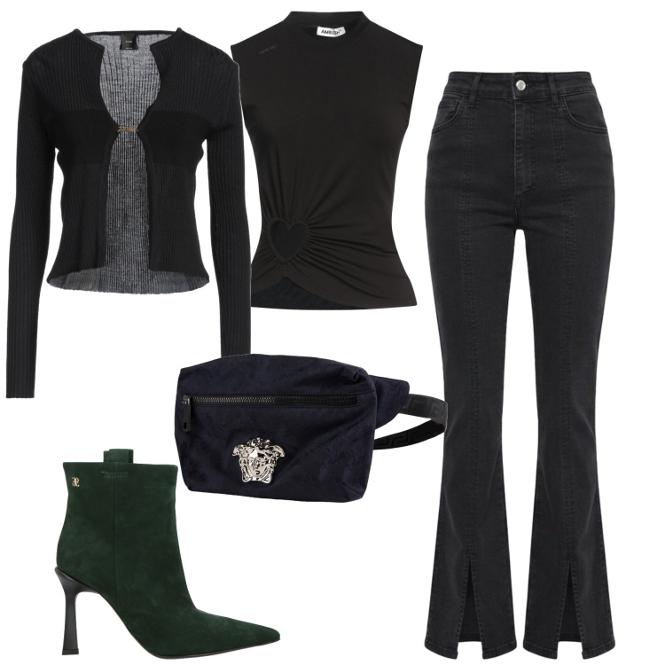 Outfit donna - City. Stile Casual chic per Tutti i giorni. Abbinamento con marsupi, stivaletti, cardigans, top, jeans a zampa.