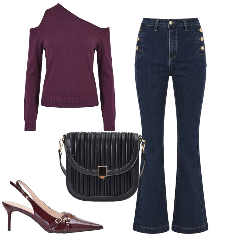 Outfit donna - City. Stile Casual chic per Tutti i giorni. Abbinamento con maglieria, borse a tracolla, décolleté, jeans a zampa.