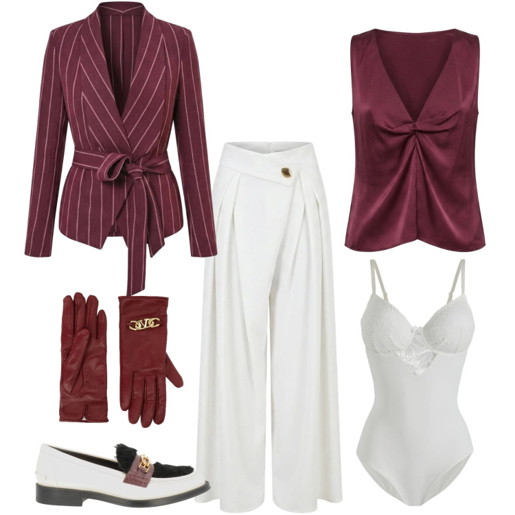 Outfit donna - Il mocassino mannish. Stile Mannish per Tutti i giorni. Abbinamento con pantaloni a palazzo, blazer, top, mocassini, guanti, body.