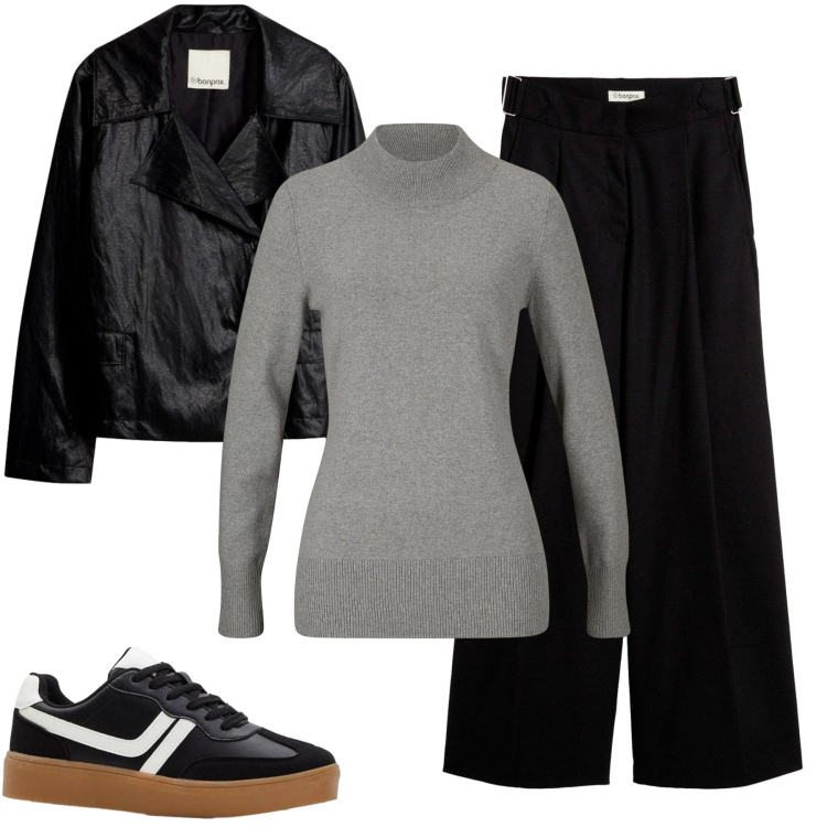 Outfit donna - Urban Edge - Ottobre. Stile Urban per Tutti i giorni. Abbinamento con pantaloni, blazer, maglieria, sneakers.