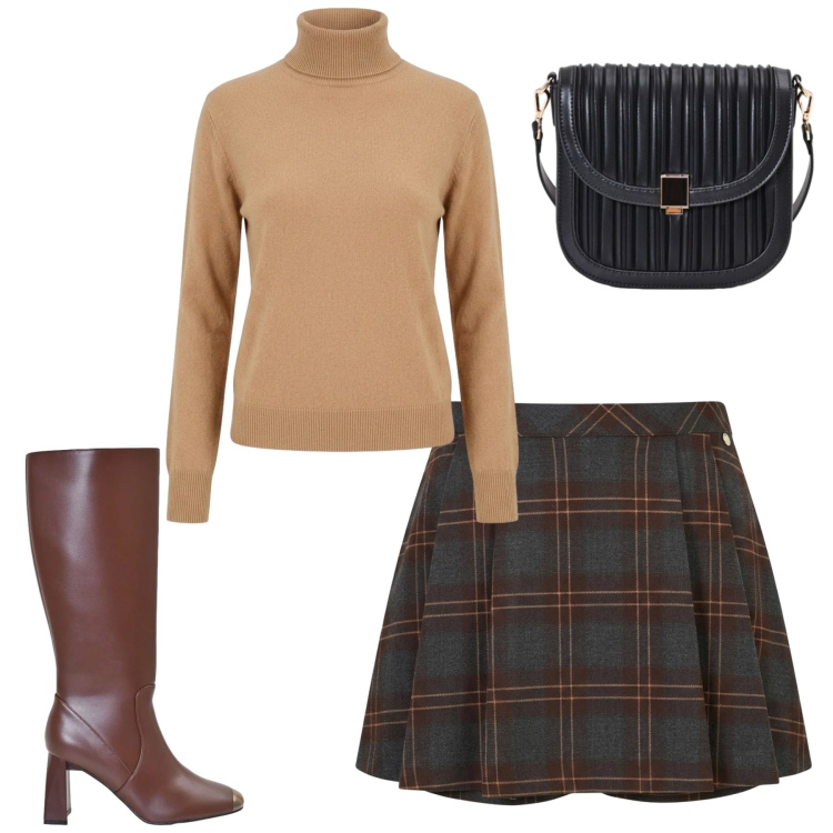 Outfit donna - City. Stile Urban per Tutti i giorni. Abbinamento con pullovers, borse a tracolla, stivali sopra il ginocchio, minigonne.