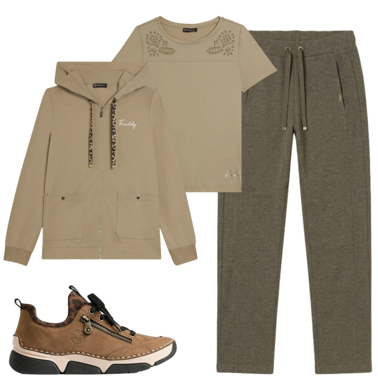 Outfit donna - Tempo libero. Stile Casual per Tutti i giorni. Abbinamento con pantaloni, felpe con cappuccio, t-shirt, sneakers.