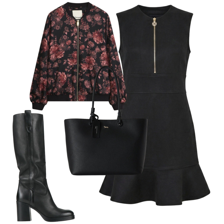 Outfit donna - City. Stile Casual chic per Tutti i giorni. Abbinamento con shopping bag, vestiti senza maniche, stivali, bomber.