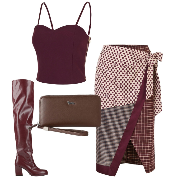 Outfit donna - Rinascimento. Stile Trendy per Tutti i giorni. Abbinamento con portafogli, gonne longuette, top, stivali sopra il ginocchio.