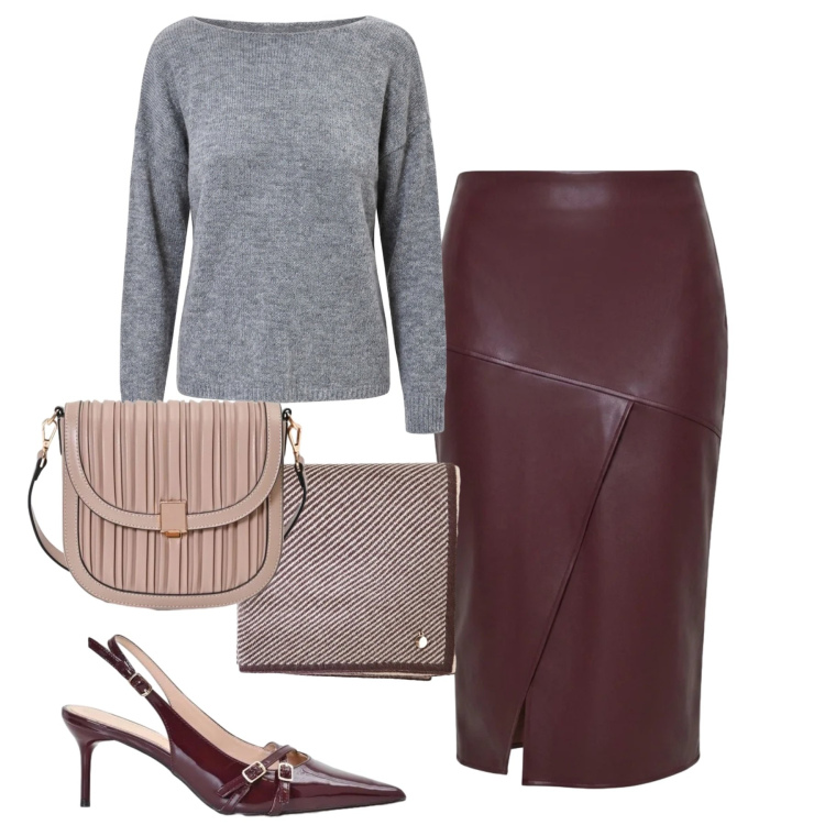Outfit donna - City. Stile Trendy per Tutti i giorni. Abbinamento con gonne longuette, maglieria, borse a tracolla, décolleté, sciarpe.