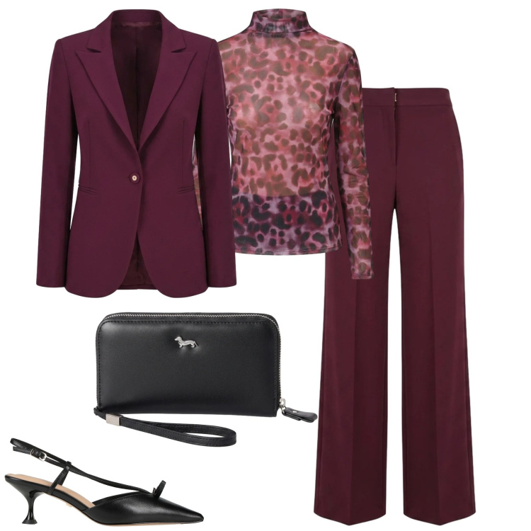 Outfit donna - Total look #2482867. Stile Chic per Tutti i giorni. Abbinamento con portafogli, pantaloni a palazzo, blazer, t-shirt, décolleté.