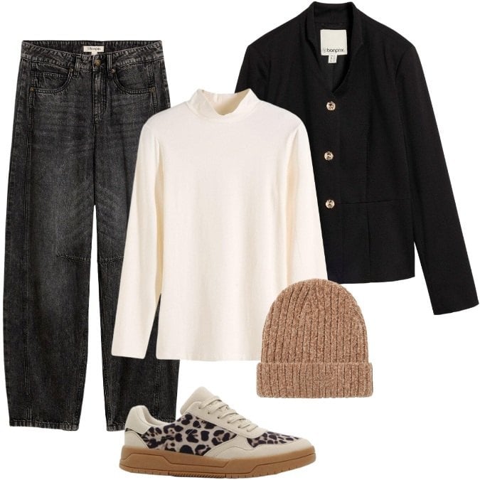 Outfit donna - Le sneakers giuste senza esagerare. Stile Trendy per Scuola/Università. Abbinamento con jeans, maglieria, sneakers, blazer, berretti.