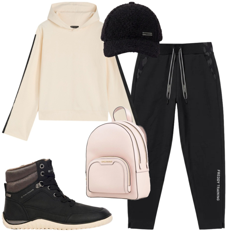 Outfit donna - Jogging. Stile Casual per Tutti i giorni. Abbinamento con zaini, sneakers, pantaloni, felpe con cappuccio, cappelli con visiera.